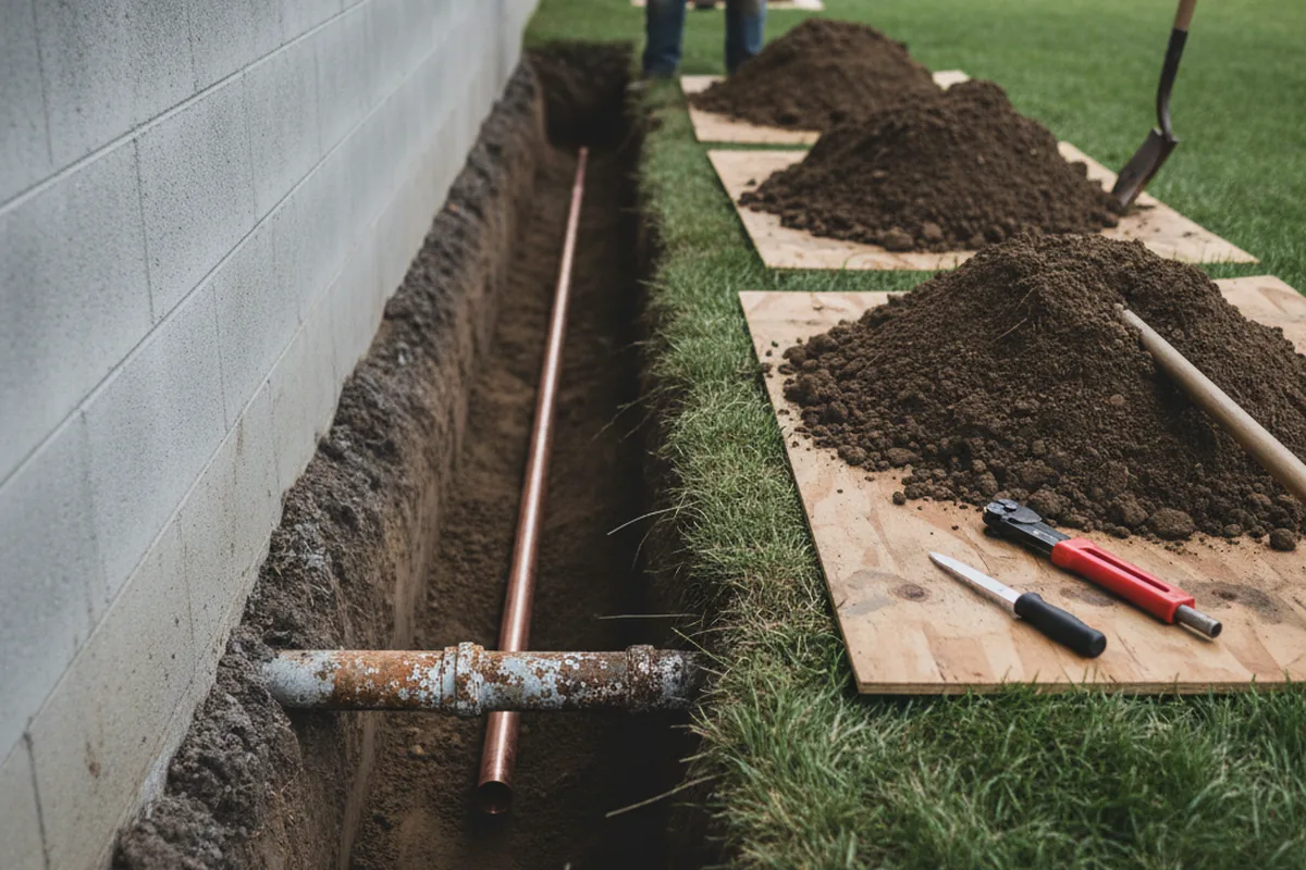 Excavated water line trench during Water Softener Installation in Stevinson